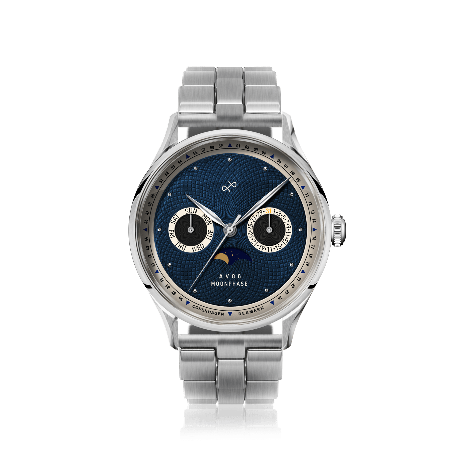 1968 Moonphase by AV86 luxury moonphase watch with sapphire crystal, textured dial, stainless steel bracelet, and date subdials