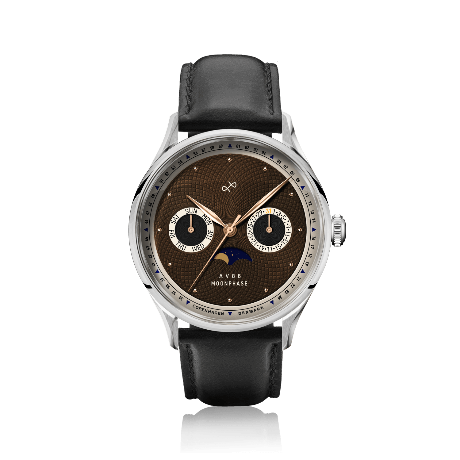 1968 Moonphase by AV86 luxury moonphase watch with sapphire crystal, vintage-inspired dial, and black leather strap