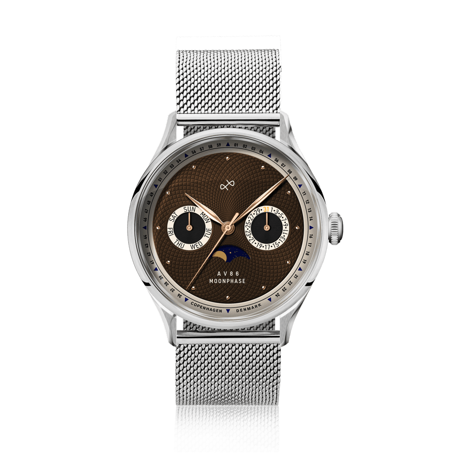 1968 Moonphase by AV86 luxury moonphase watch with textured dial, sapphire crystal, day-date subdials, and mesh metal strap