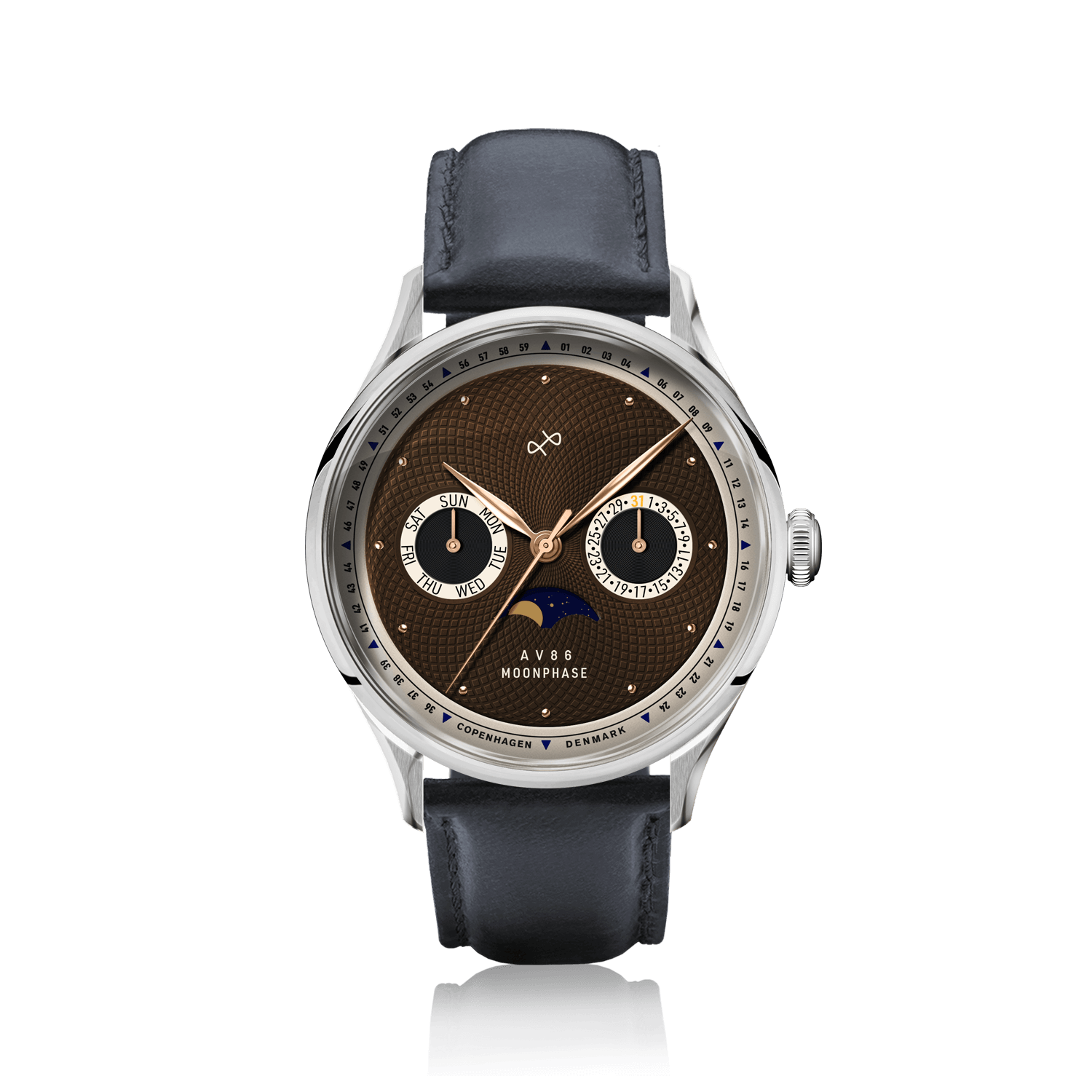 1968 Moonphase by AV86 luxury Moonphase watch with sapphire crystal, vintage-inspired dial, and black leather strap
