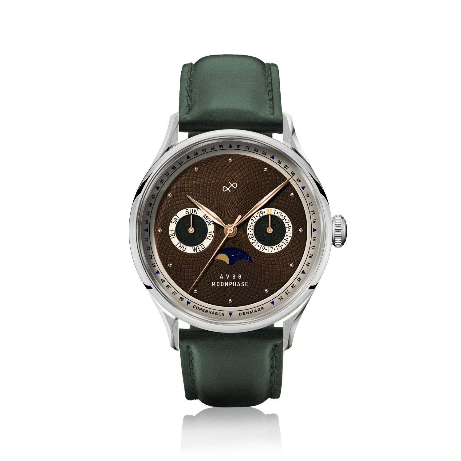 1968 Moonphase by AV86 vintage-inspired moonphase watch with sapphire crystal, textured dial, and leather strap