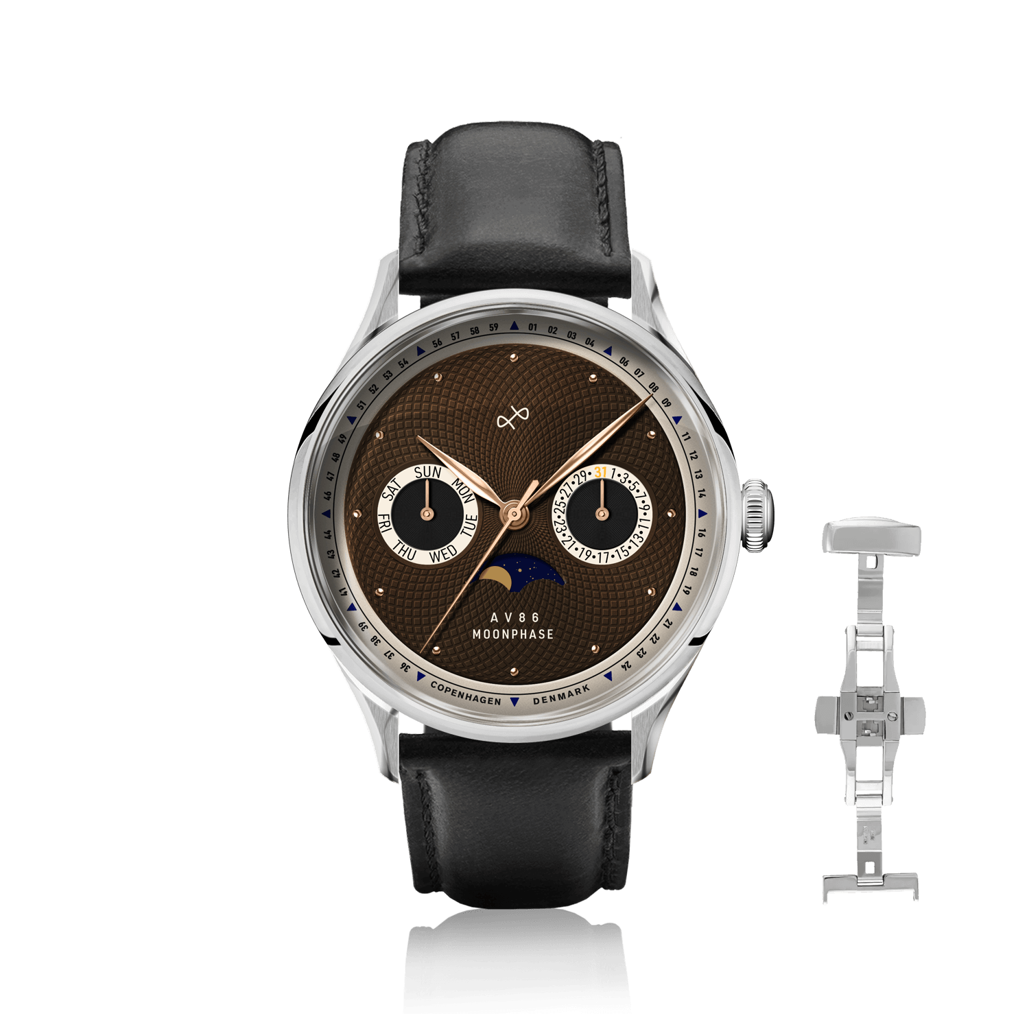 1968 Moonphase by AV86 luxury Moonphase watch with sapphire crystal, textured dial, and black leather strap