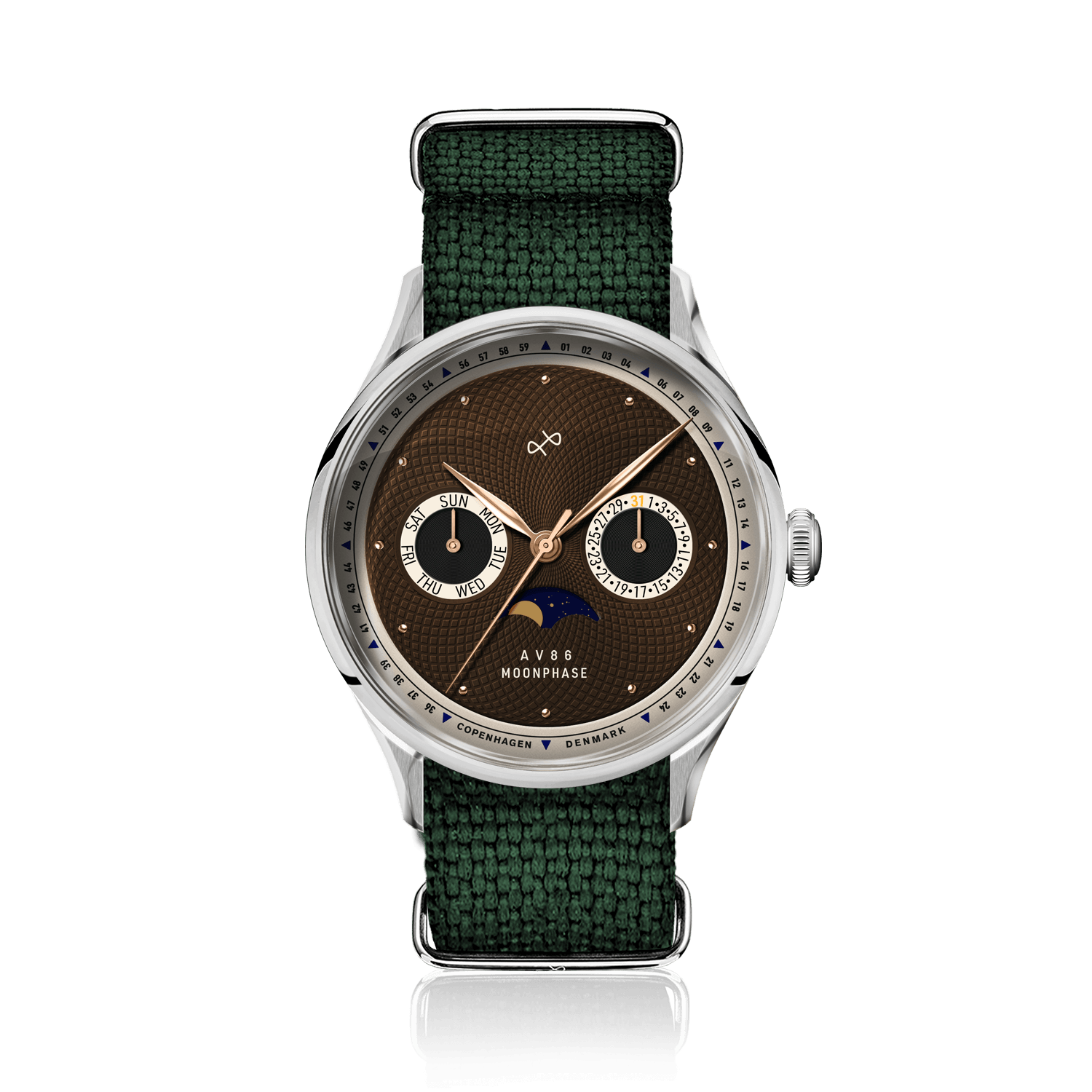 1968 Moonphase by AV86 vintage-inspired Moonphase watch with sapphire crystal, textured dial, and green fabric strap