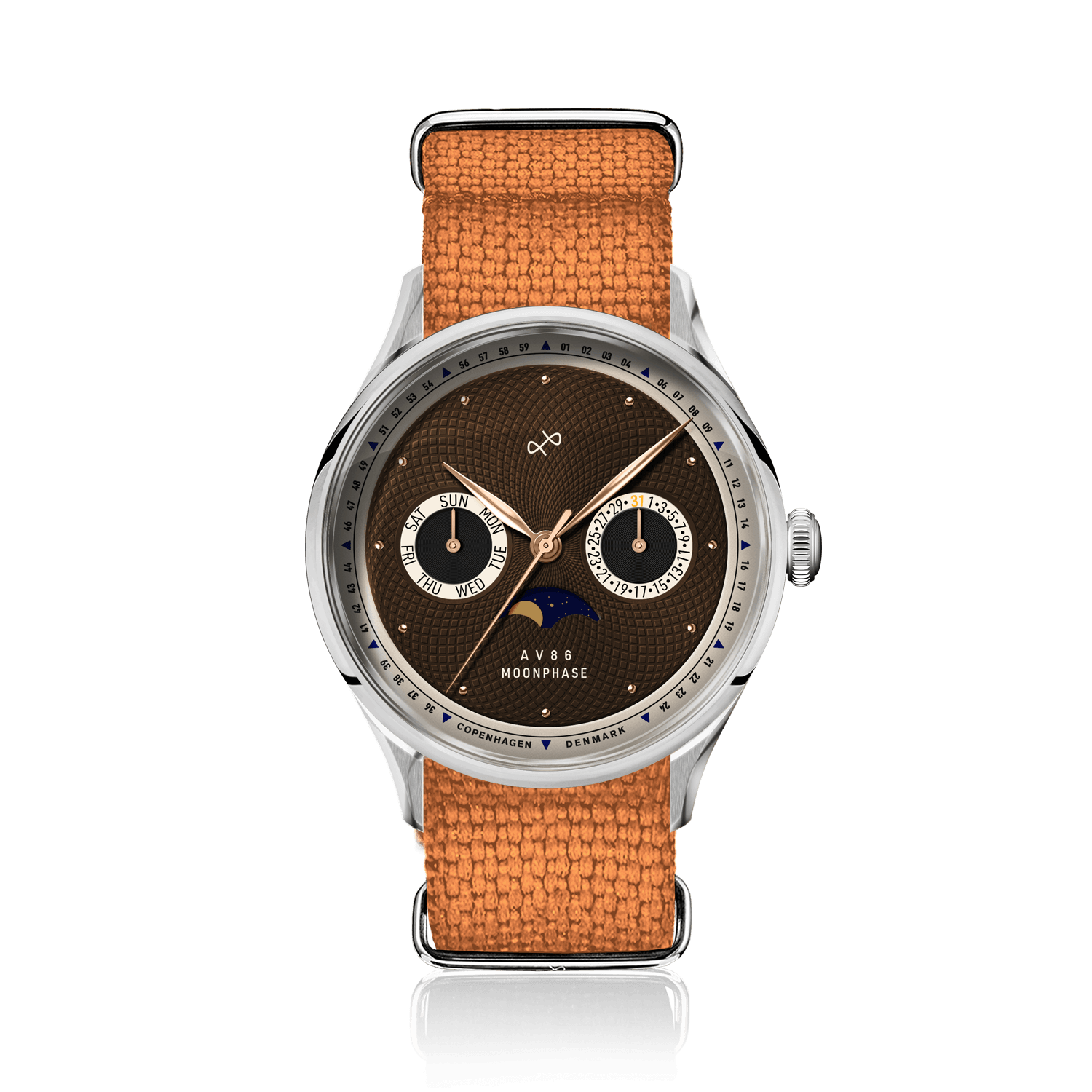 1968 Moonphase by AV86 luxury moonphase watch with sapphire crystal, vintage-inspired dial, and textured brown fabric strap