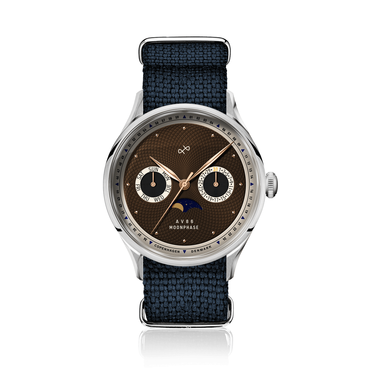 1968 Moonphase by AV86 luxury moonphase watch with sapphire crystal, textured dial, and navy fabric strap in Nordic minimalist design