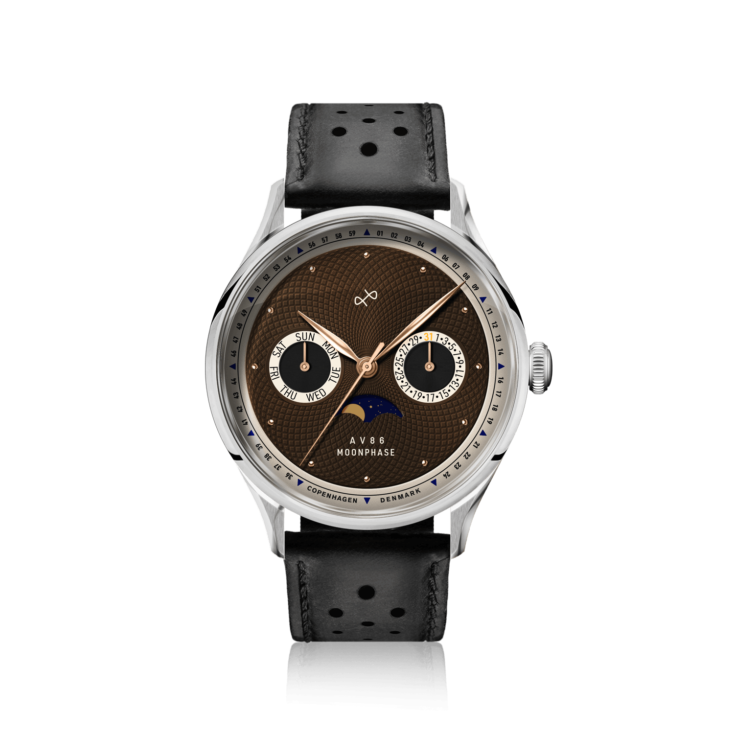1968 Moonphase by AV86 with vintage-inspired moonphase dial, sapphire crystal, stainless steel case, and perforated black leather strap