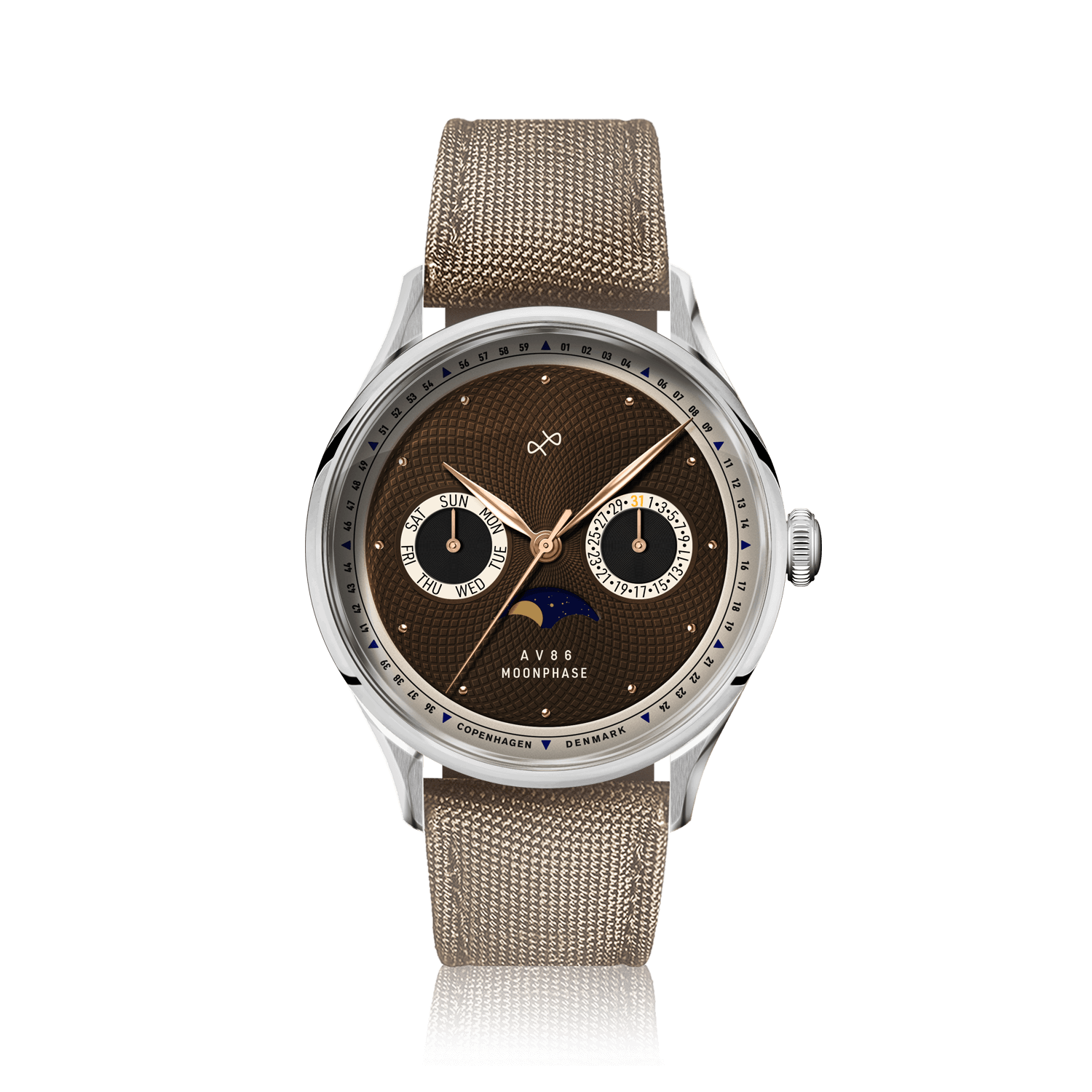 1968 Moonphase by AV86 vintage-inspired moonphase watch with sapphire crystal, textured dial, and fabric strap