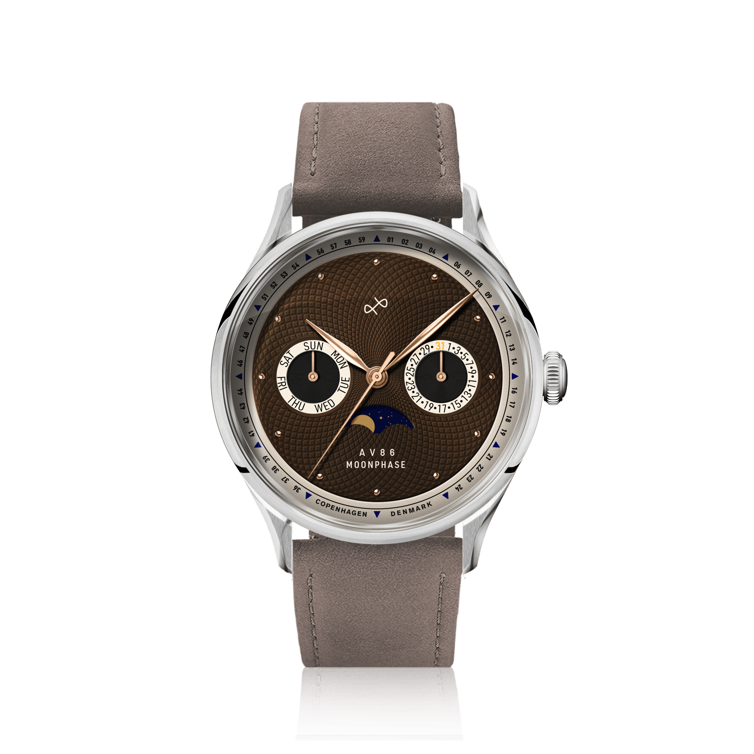 1968 Moonphase by AV86 luxury moonphase watch with sapphire crystal, vintage-inspired dial, stainless case, and brown leather strap
