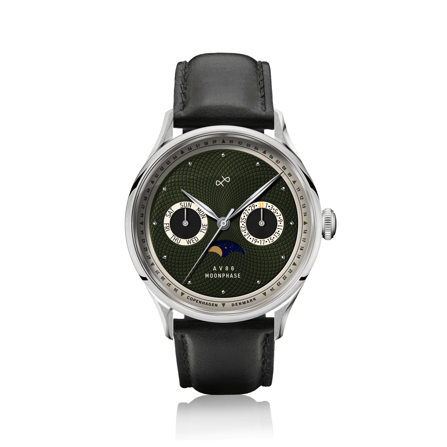 1968 Moonphase by AV86 luxury moonphase watch with sapphire crystal, textured dial, moonphase, and black leather strap
