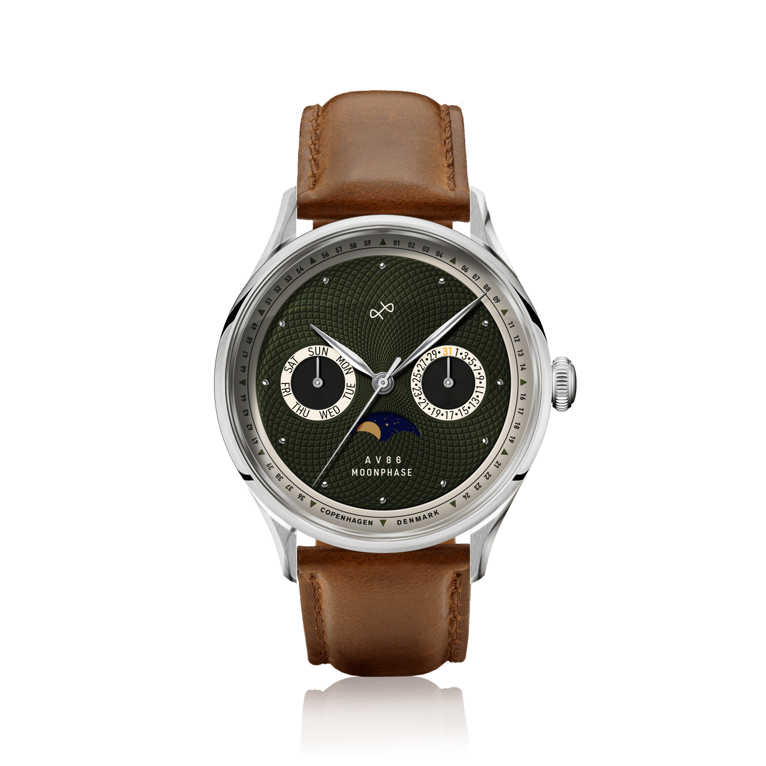 1968 Moonphase by AV86 vintage-inspired moonphase watch with sapphire crystal, steel case, textured dial, and brown leather strap