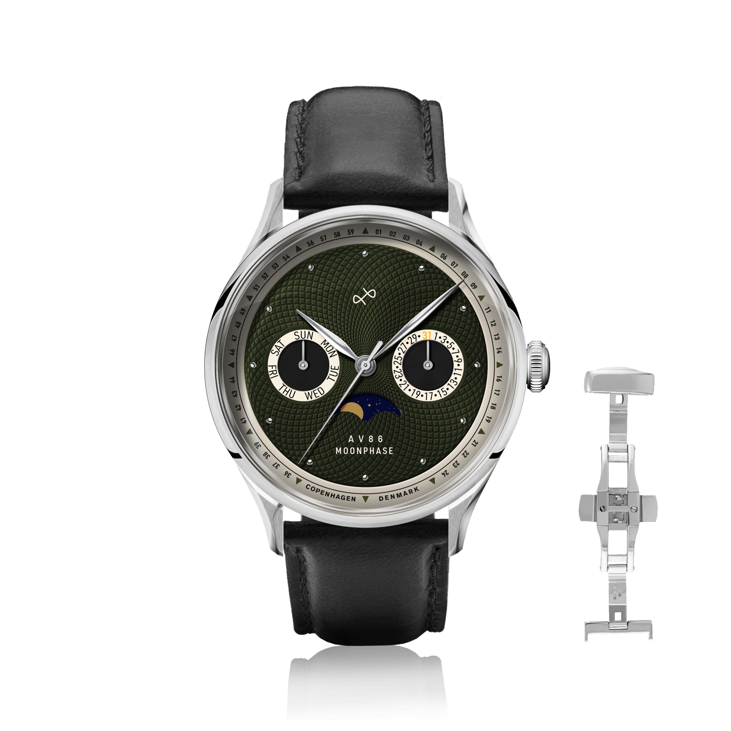 1968 Moonphase by AV86 luxury moonphase watch with sapphire crystal, textured dial, stainless steel case, and black leather strap