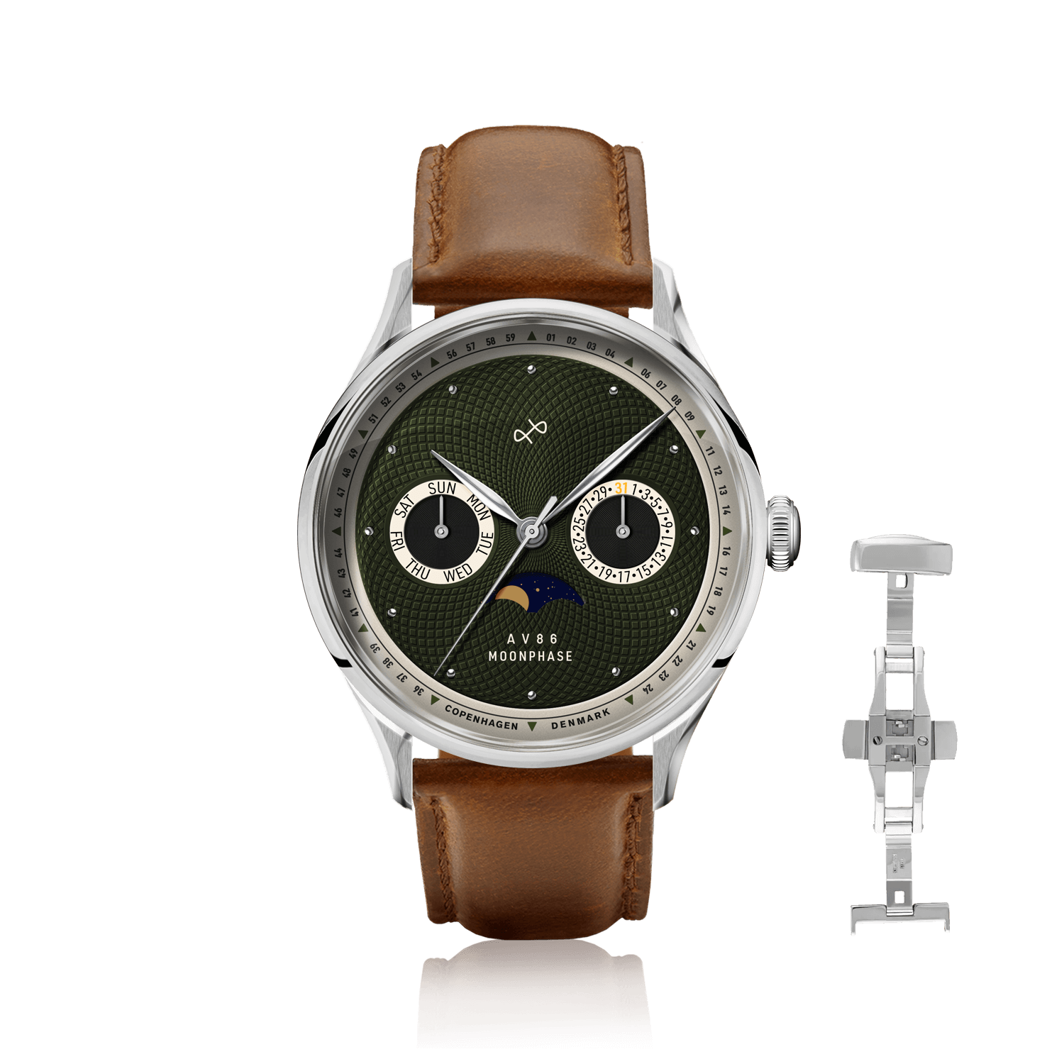 1968 Moonphase by AV86 vintage-inspired moonphase watch with sapphire crystal, textured dial, and brown leather strap