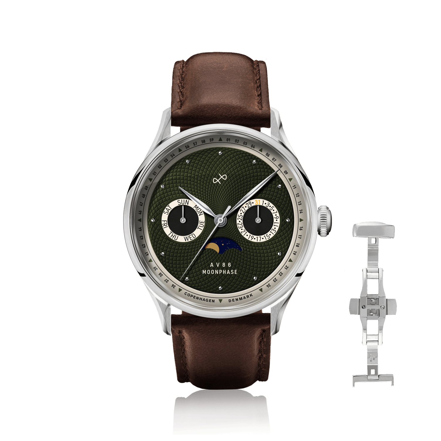 1968 Moonphase by AV86 luxury moonphase watch with sapphire crystal, textured dial, moonphase, and brown leather strap