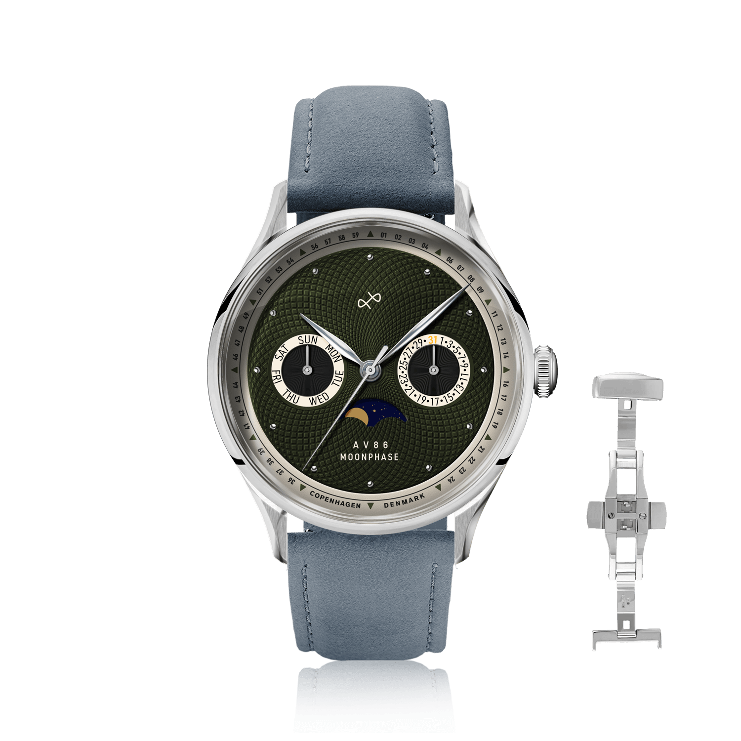 1968 Moonphase by AV86 luxury moonphase watch with sapphire crystal, textured dial, and soft leather strap in minimalist design