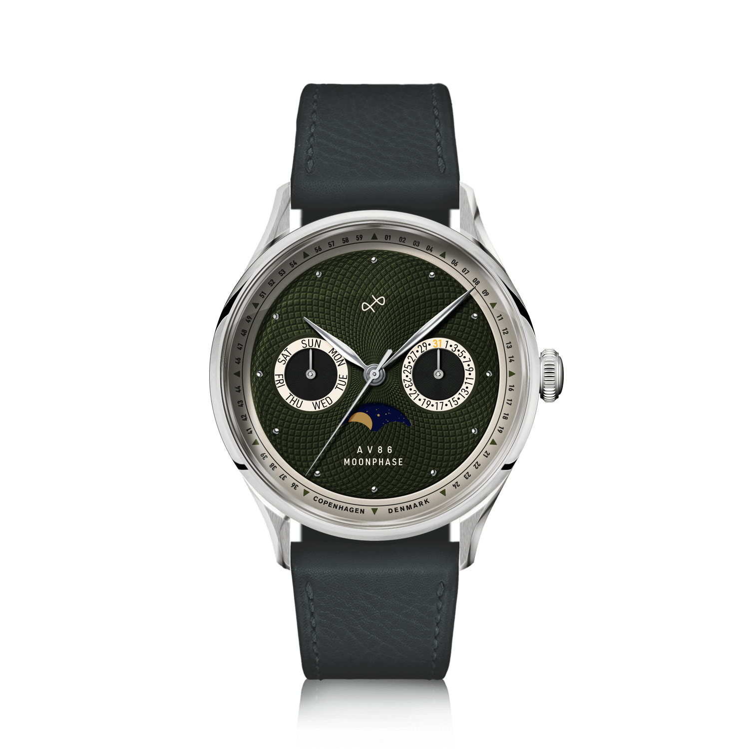 1968 Moonphase by AV86 luxury moonphase watch with textured dial, sapphire crystal, moonphase complication, and black leather strap