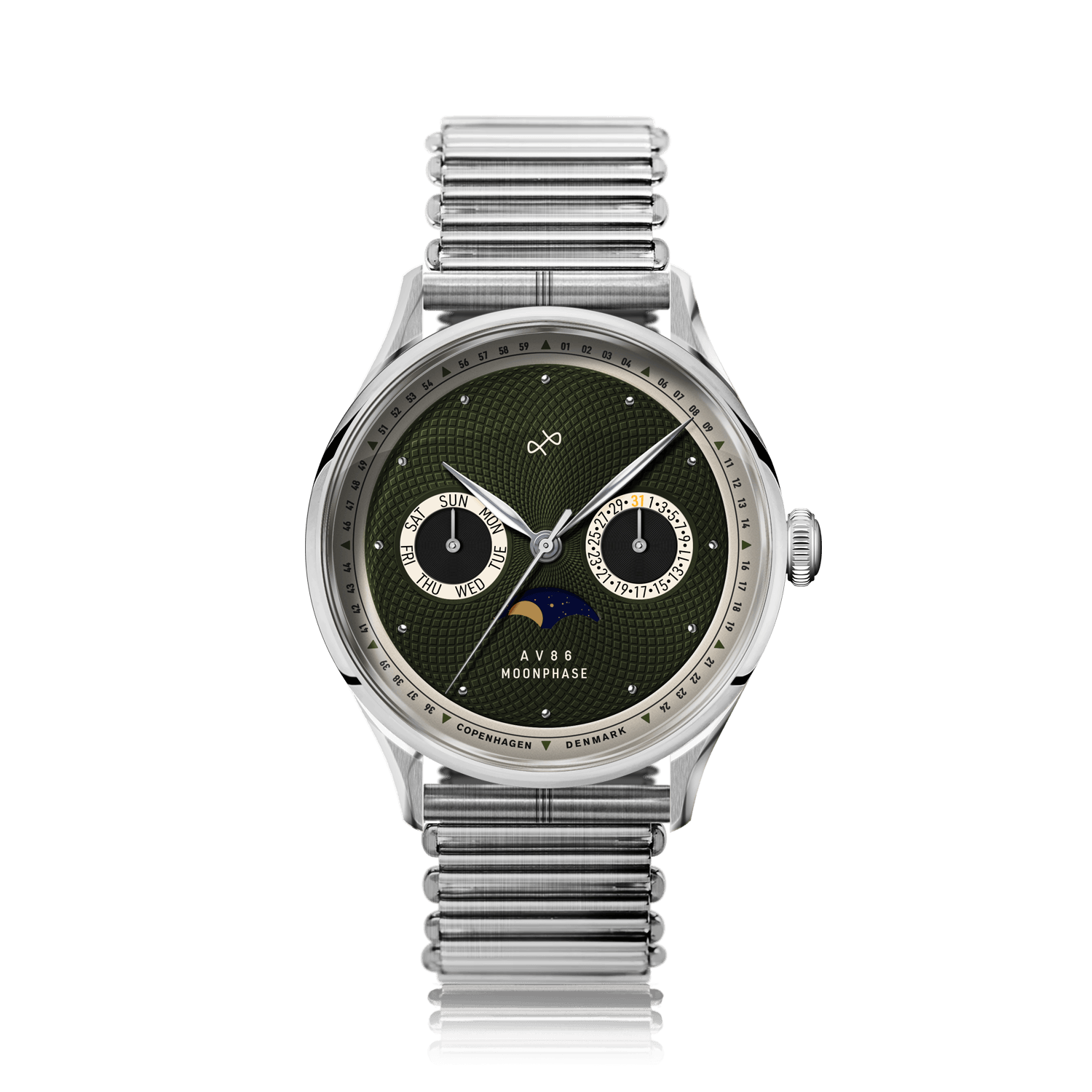 1968 Moonphase by AV86 vintage-inspired moonphase watch with sapphire crystal, textured dial, and metal bracelet strap