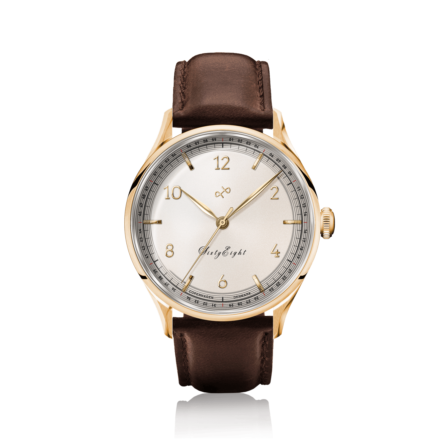 1968 Sixtyeight by AV86 vintage-inspired dress watch with sapphire crystal, gold case, and brown leather strap