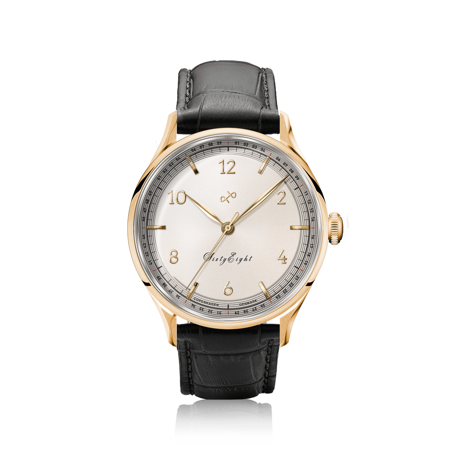 1968 Sixtyeight by AV86 vintage-inspired dress watch with sapphire crystal, gold case, minimalist dial, and black leather strap