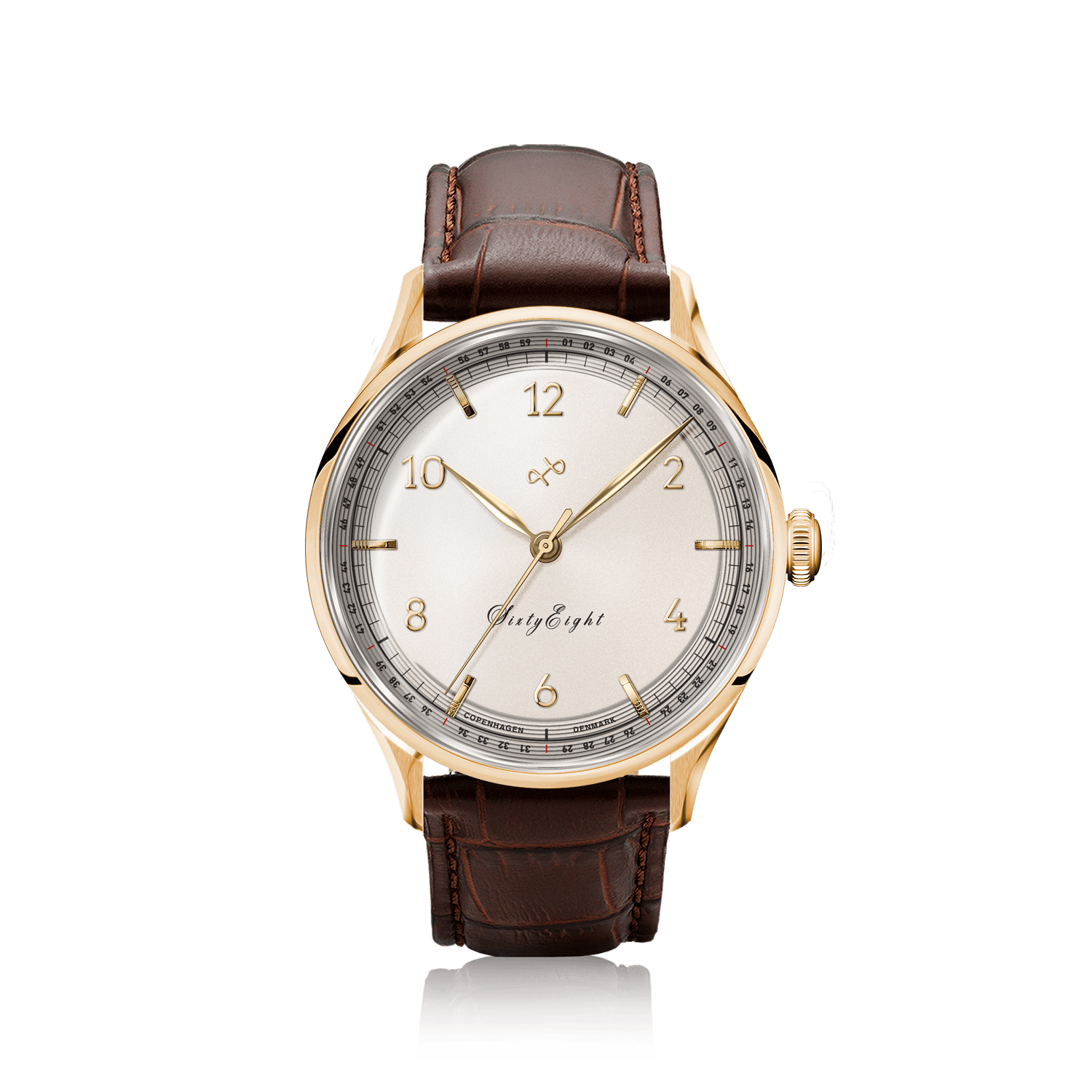 1968 Sixtyeight by AV86 vintage-inspired dress watch with sapphire crystal, gold case, delicate dial, and brown leather strap