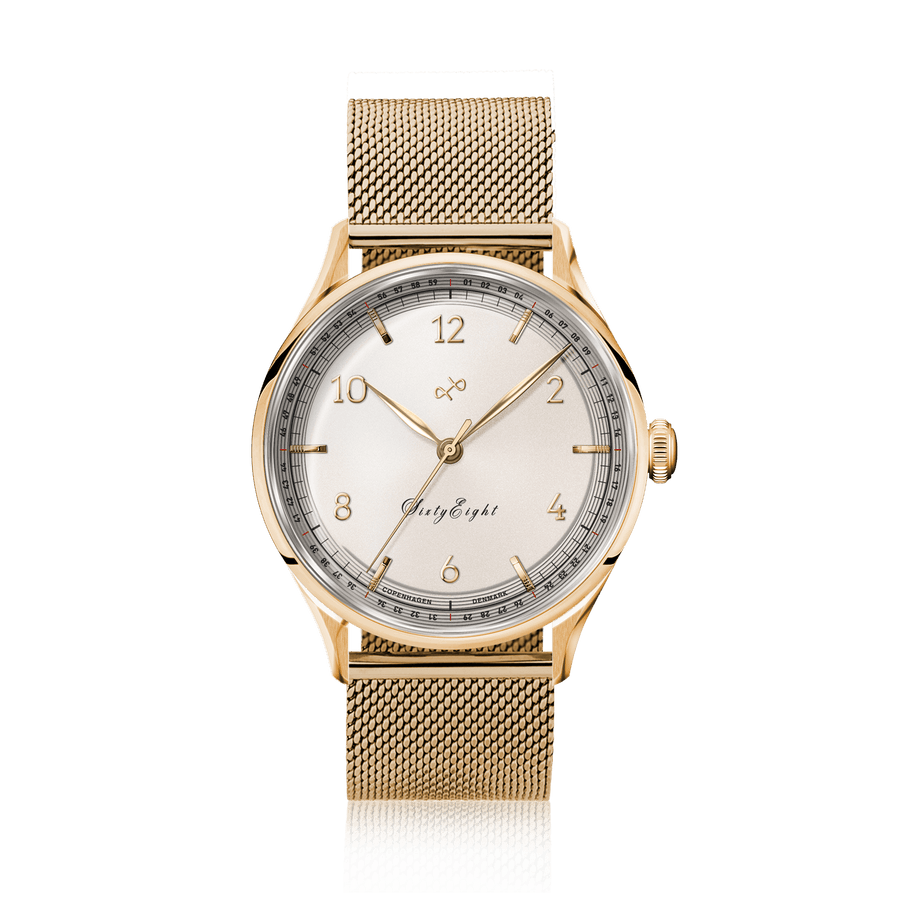 1968 Sixtyeight by AV86 vintage-inspired dress watch with sapphire crystal, gold case, mesh bracelet, and minimalist dial design