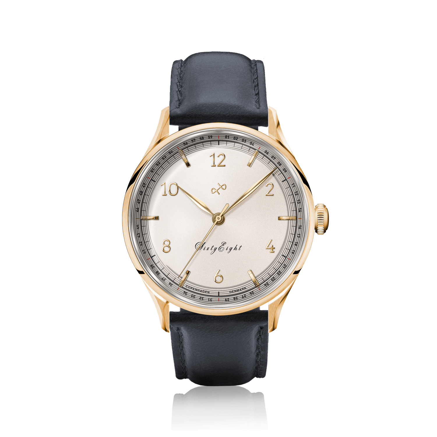 1968 Sixtyeight by AV86 vintage-inspired dress watch with sapphire crystal, elegant dial, gold case, and black leather strap