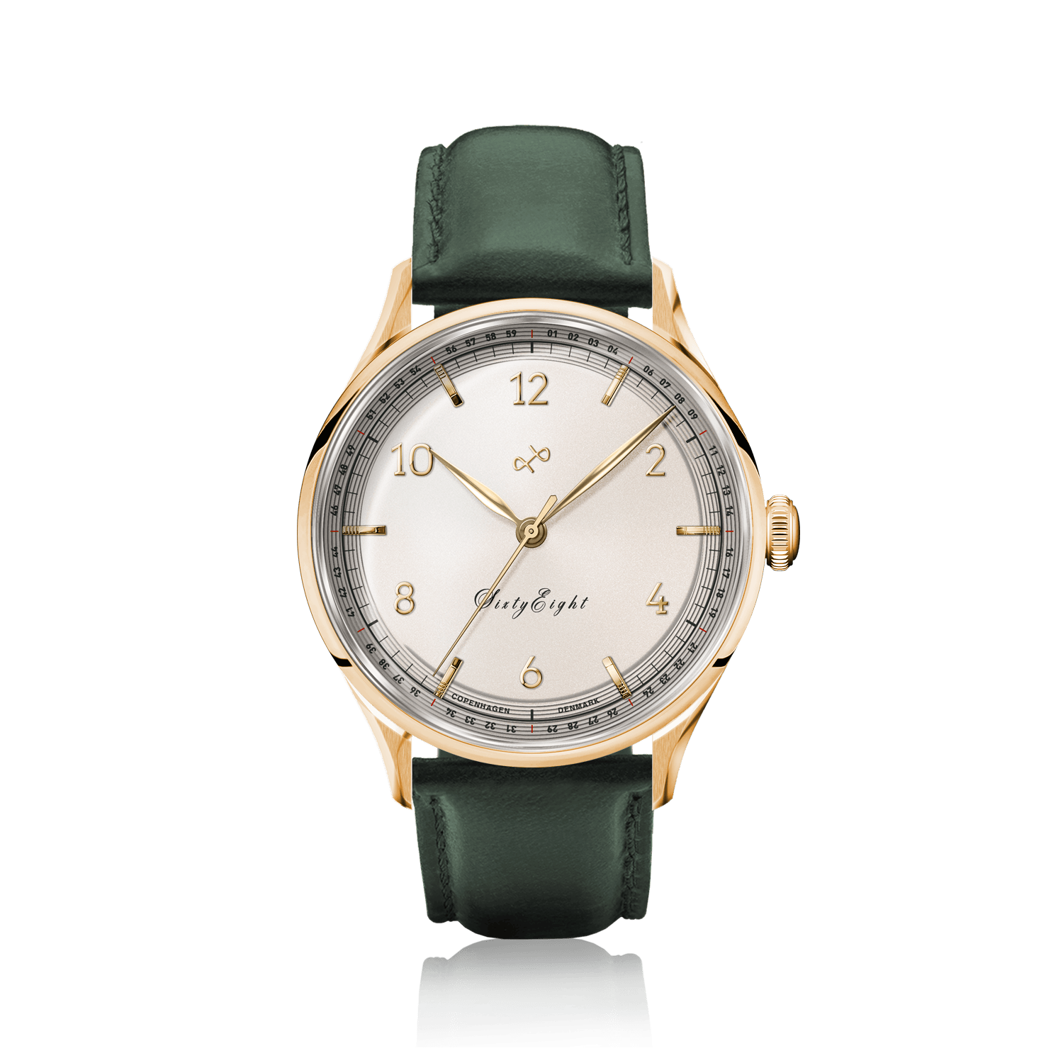 1968 Sixtyeight by AV86 vintage-inspired dress watch with sapphire crystal, minimalist dial, and green leather strap