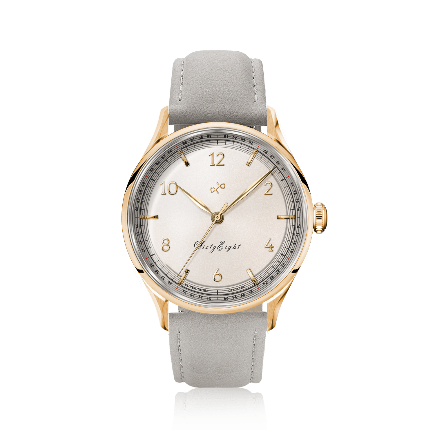 1968 Sixtyeight by AV86 vintage-inspired dress watch with sapphire crystal, gold-tone case, and grey leather strap