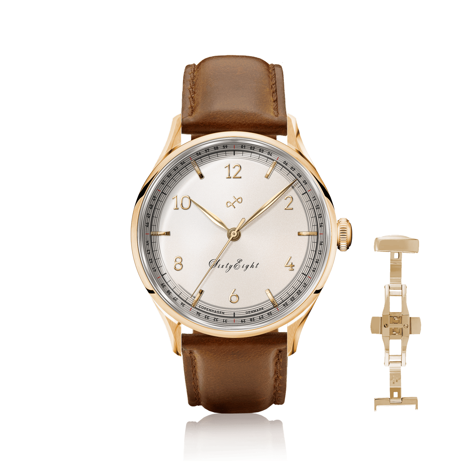 1968 Sixtyeight by AV86 vintage-inspired dress watch with delicate dial, sapphire crystal, gold case, and brown leather strap