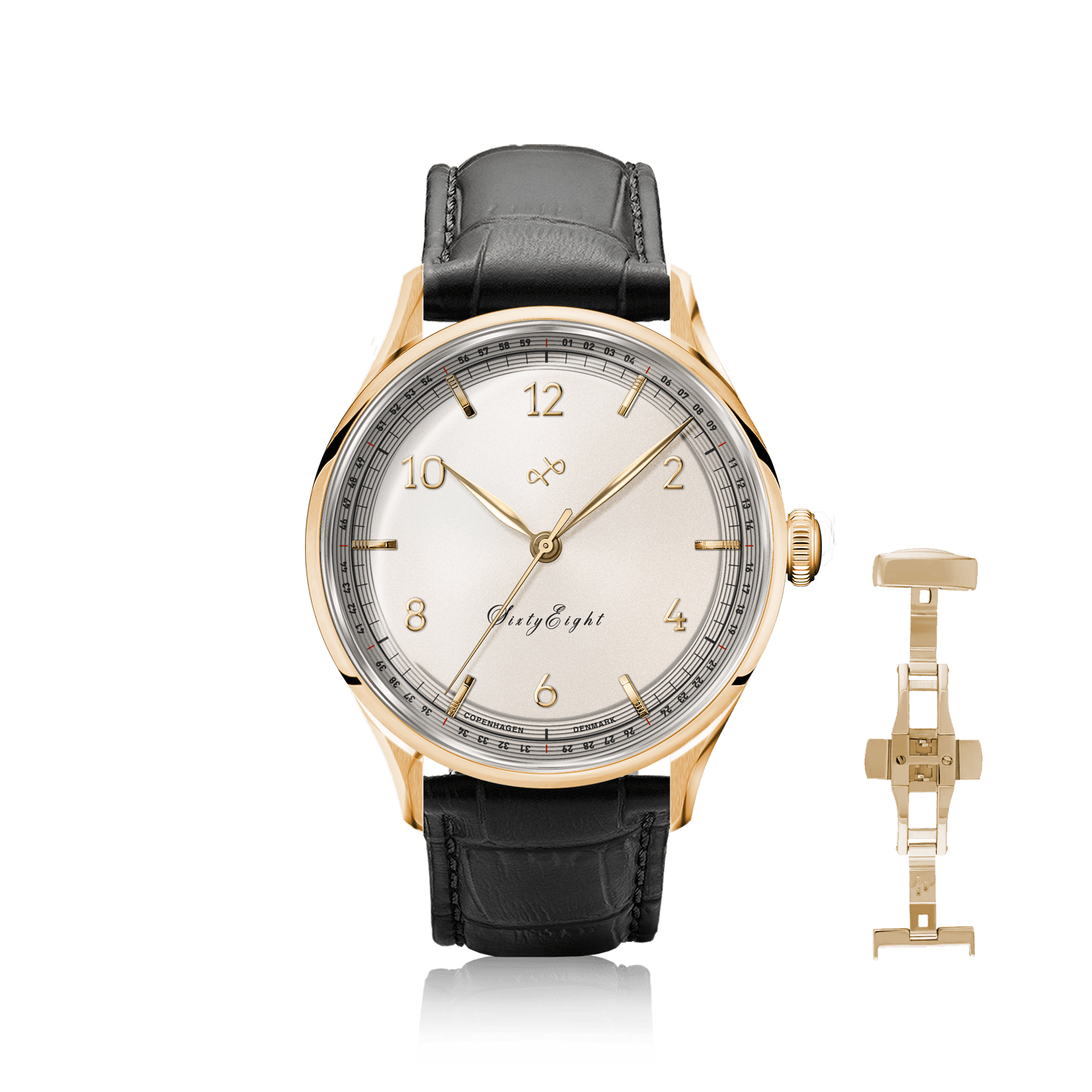1968 Sixtyeight by AV86 vintage-inspired dress watch with sapphire crystal, gold case, minimalist dial, and black leather strap