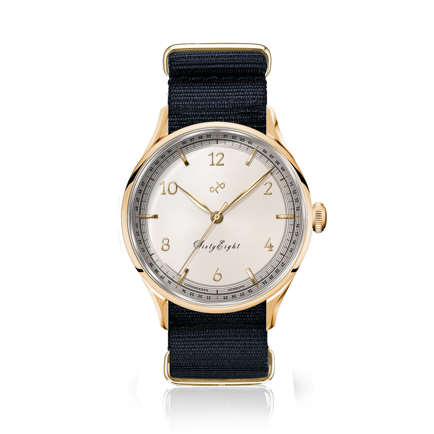 1968 Sixtyeight by AV86 vintage-inspired dress watch with sapphire crystal, gold case, and black fabric NATO strap