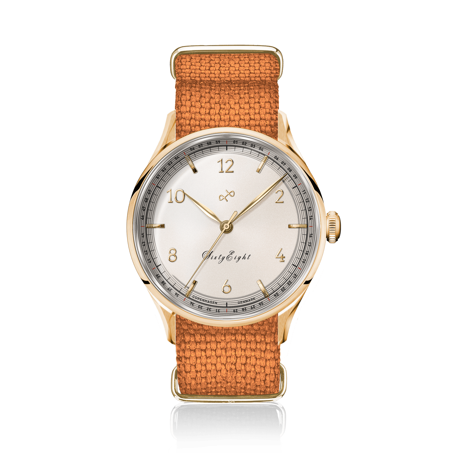 1968 Sixtyeight by AV86 vintage-inspired dress watch with sapphire crystal, gold case, and textured fabric strap