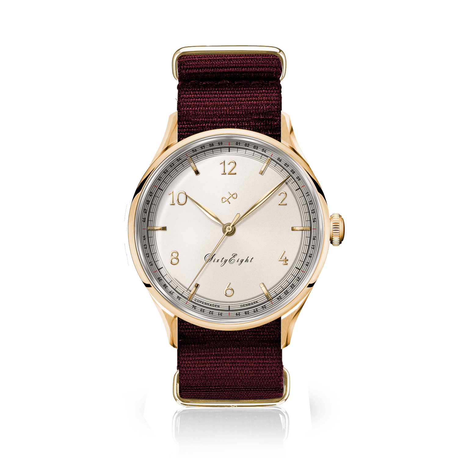 1968 Sixtyeight by AV86 vintage-inspired dress watch with sapphire crystal, gold case, white dial, and burgundy fabric strap