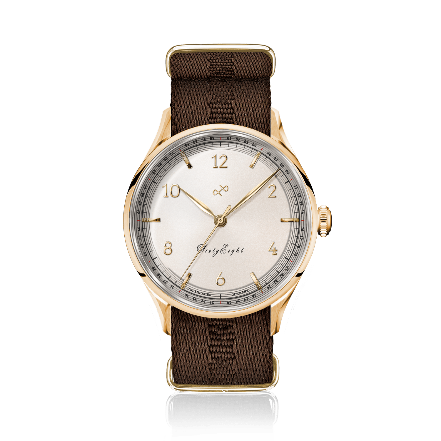 1968 Sixtyeight by AV86 vintage-inspired dress watch with sapphire crystal, gold case, and brown fabric strap