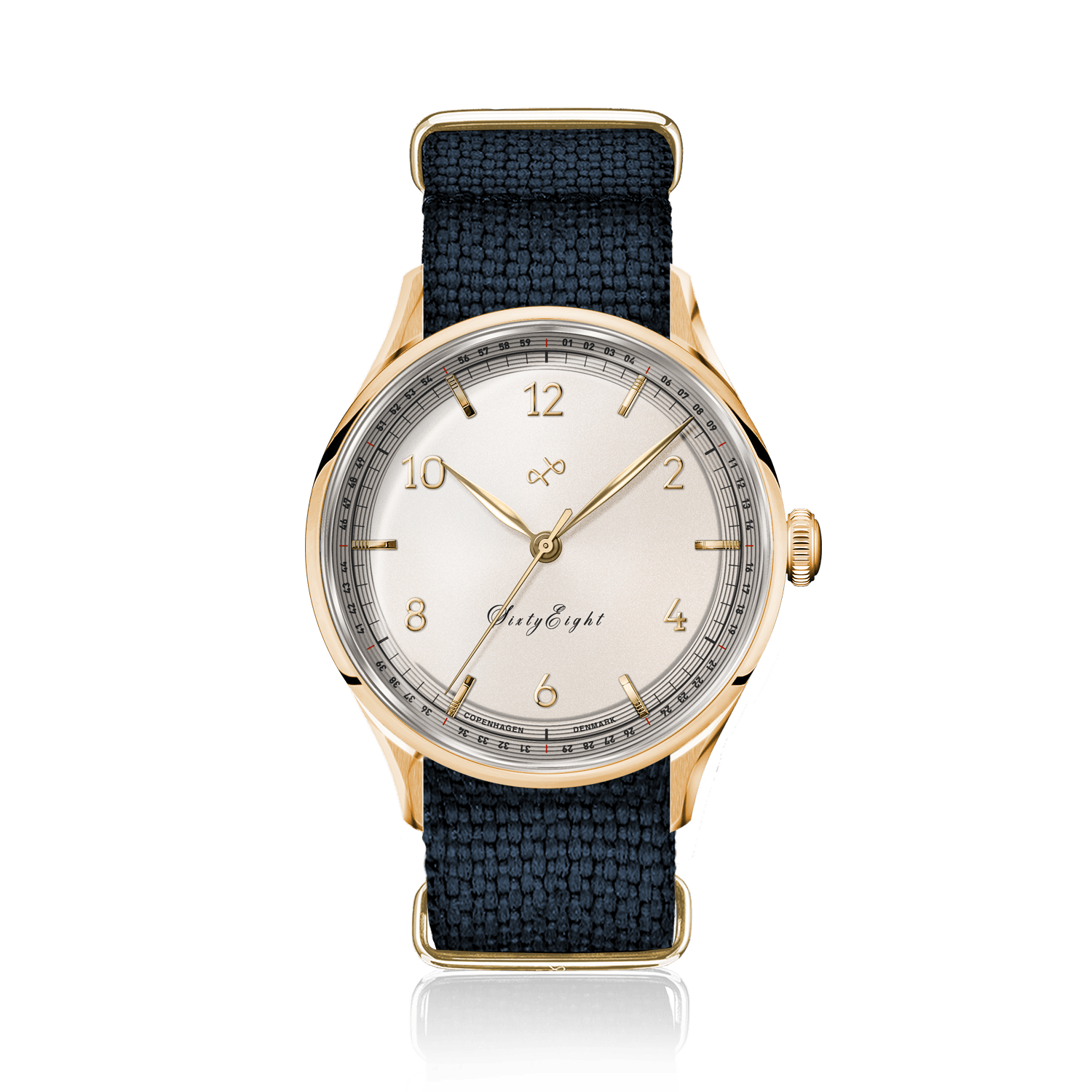 1968 Sixtyeight by AV86 vintage-inspired dress watch with sapphire crystal, gold case, and woven textile strap