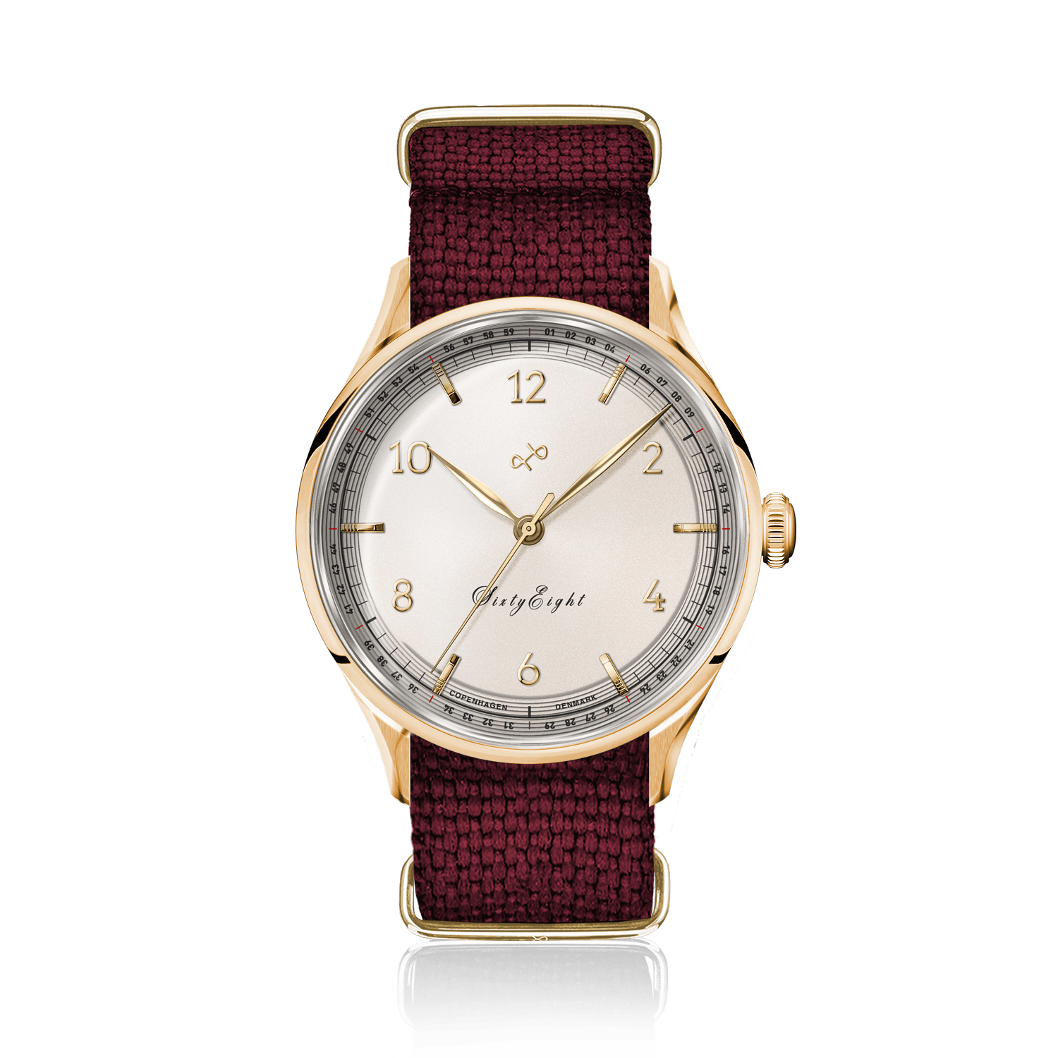 1968 Sixtyeight by AV86 vintage-inspired dress watch with refined dial, gold case, sapphire crystal, and woven fabric strap