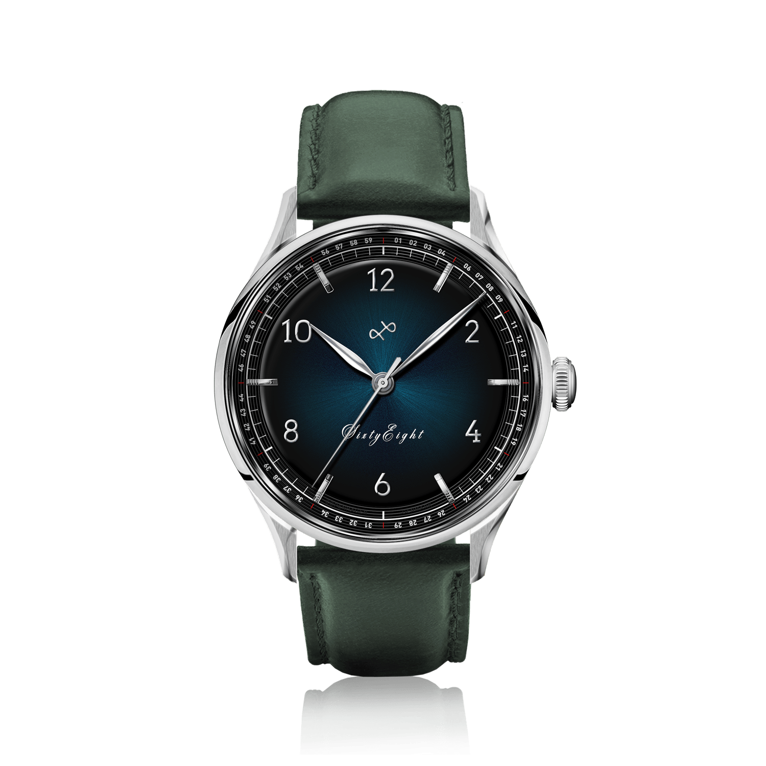 1968 Sixtyeight by AV86 vintage-inspired dress watch with sapphire crystal, blue sunray dial, and green leather strap
