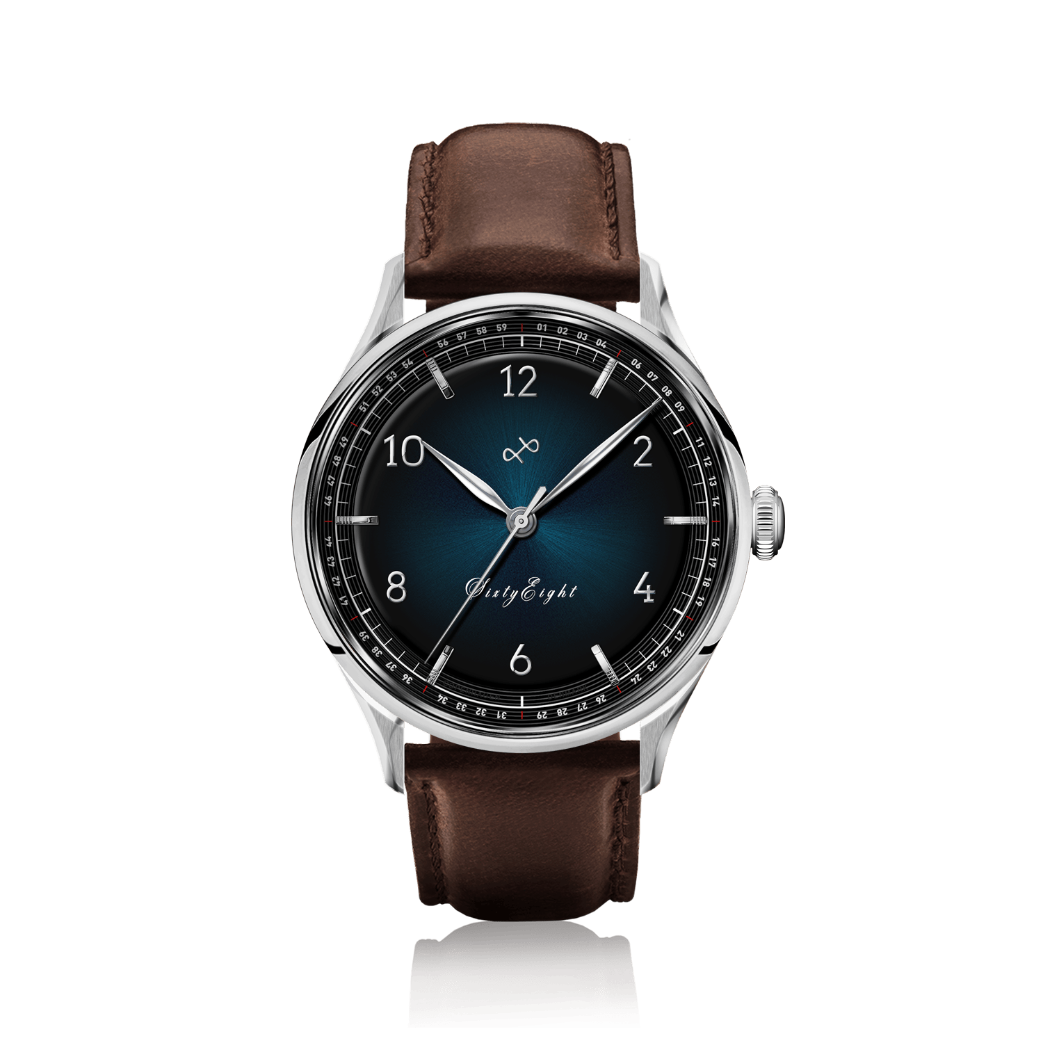 1968 Sixtyeight by AV86 vintage-inspired dress watch with sapphire crystal, blue sunray dial, and brown leather strap