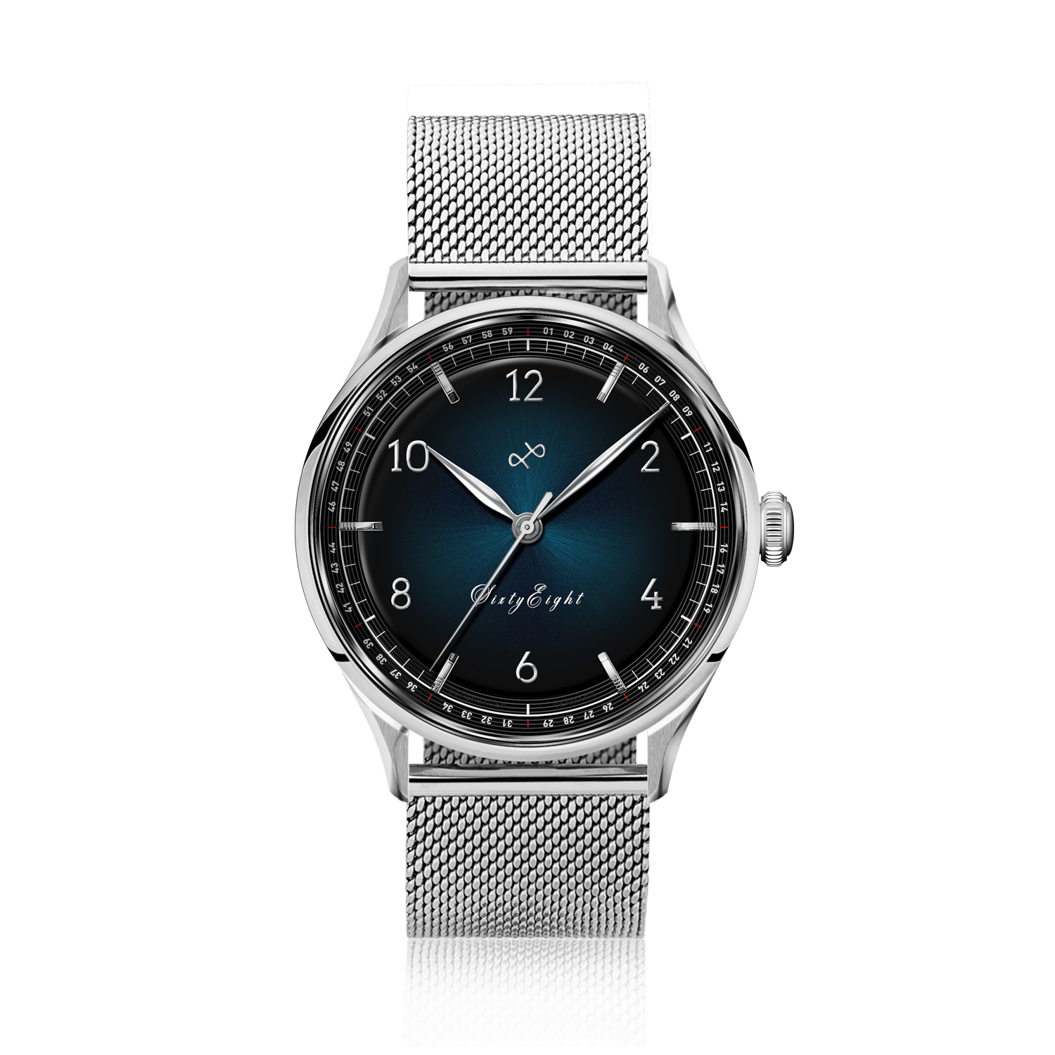 1968 Sixtyeight by AV86 vintage-inspired dress watch with sapphire crystal, textured dial, and steel mesh bracelet strap