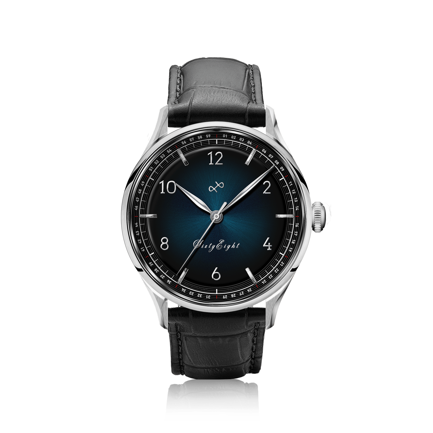1968 Sixtyeight by AV86 vintage-inspired dress watch with sapphire crystal, blue sunray dial, and black leather strap