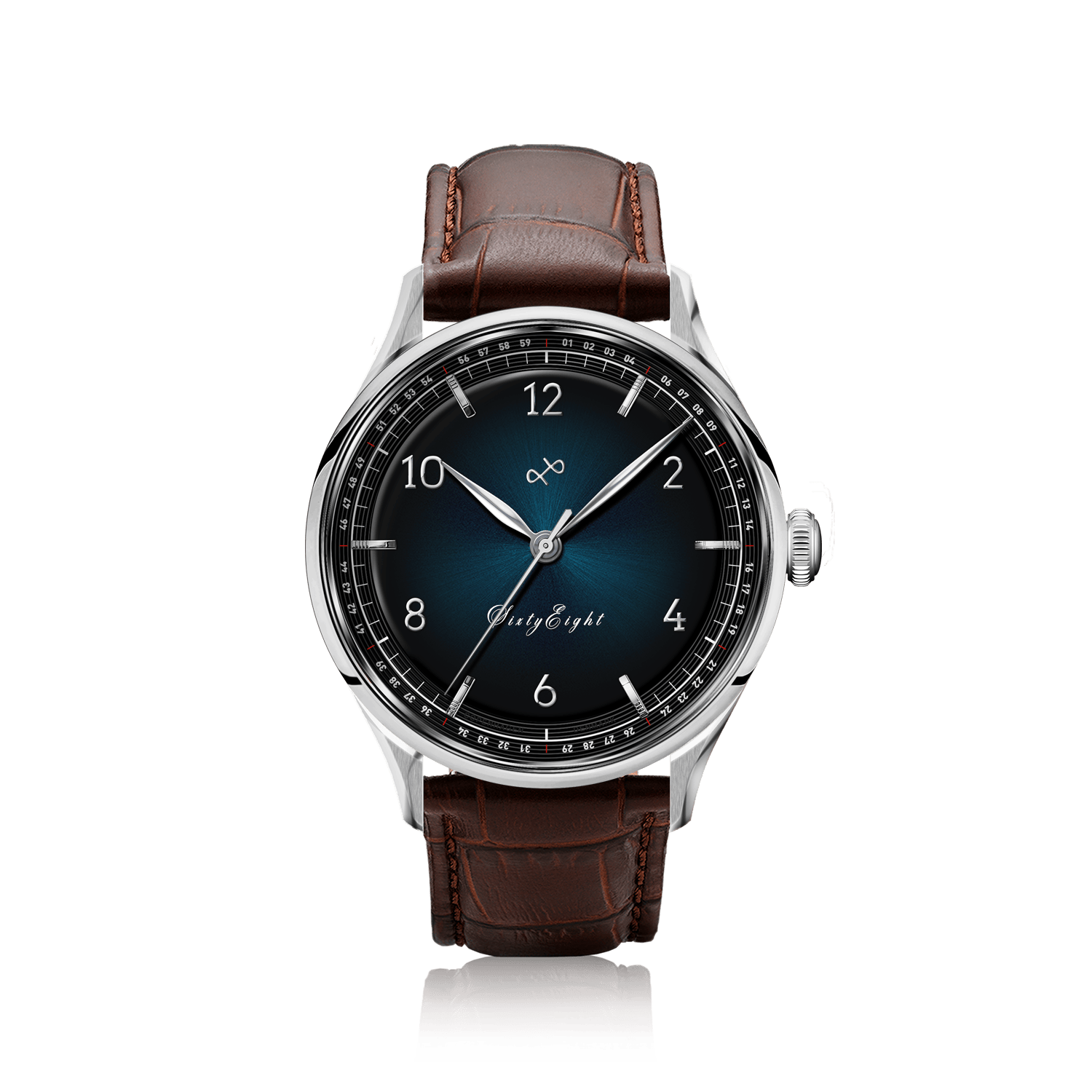 1968 Sixtyeight by AV86 vintage-inspired dress watch with sapphire crystal, elegant sunray dial, and brown leather strap