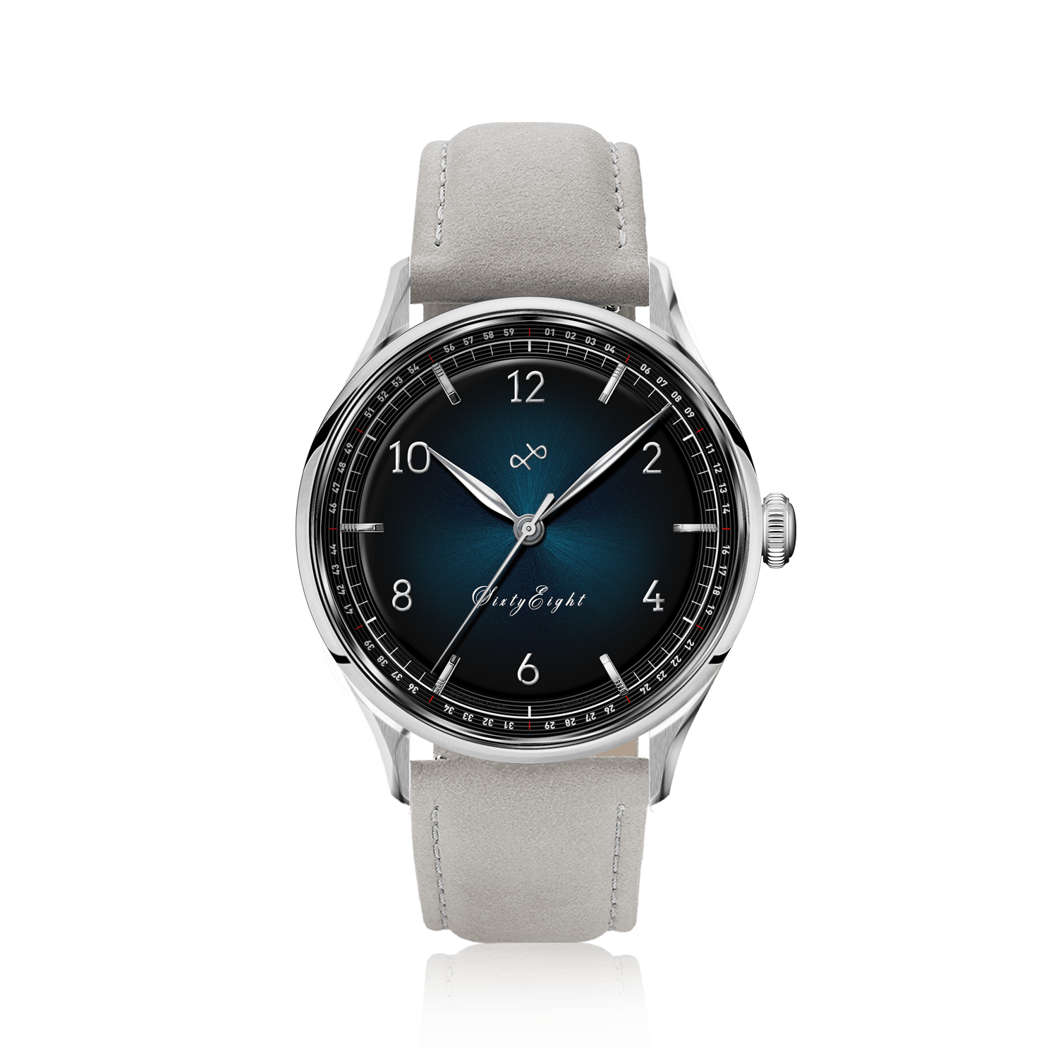 1968 Sixtyeight by AV86 vintage-inspired dress watch with blue sunray dial, sapphire crystal, and light leather strap