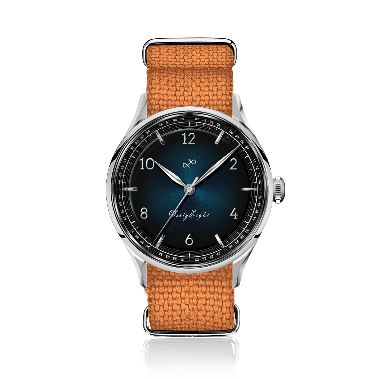 1968 Sixtyeight by AV86 vintage-inspired dress watch with sunray dial, sapphire crystal, stainless steel case, and textured fabric strap