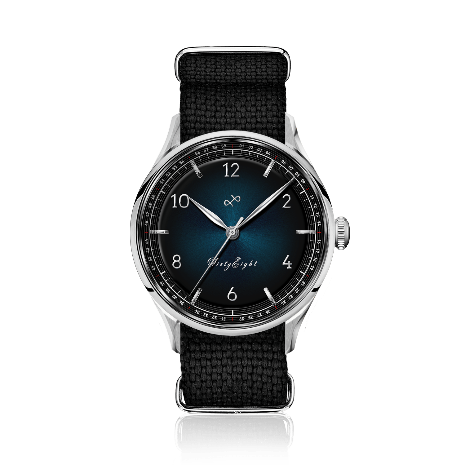 1968 Sixtyeight by AV86 vintage-inspired dress watch with sapphire crystal, sunray dial, and black textured fabric strap