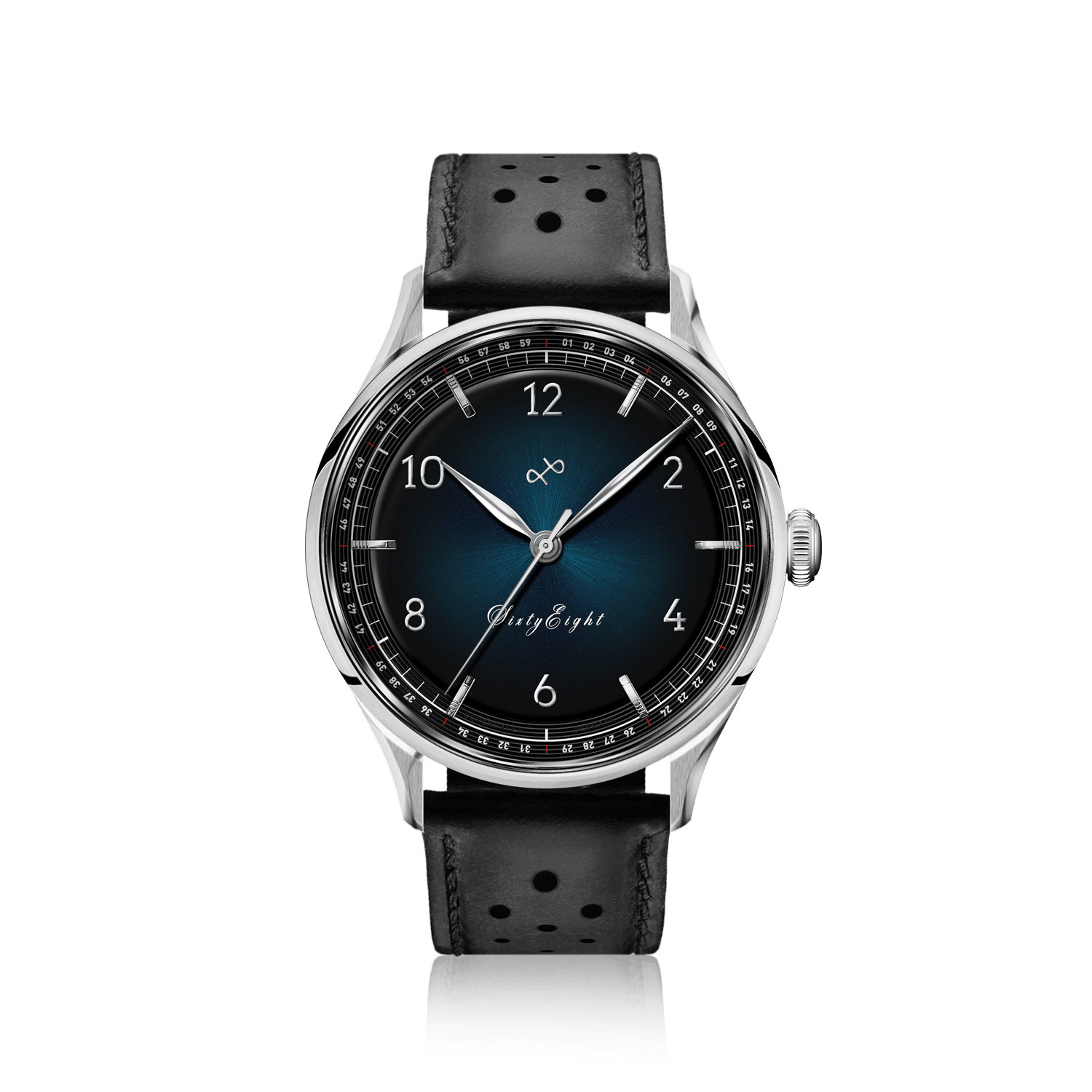 1968 Sixtyeight by AV86 vintage-inspired dress watch with sapphire crystal, blue sunray dial, and perforated black leather strap