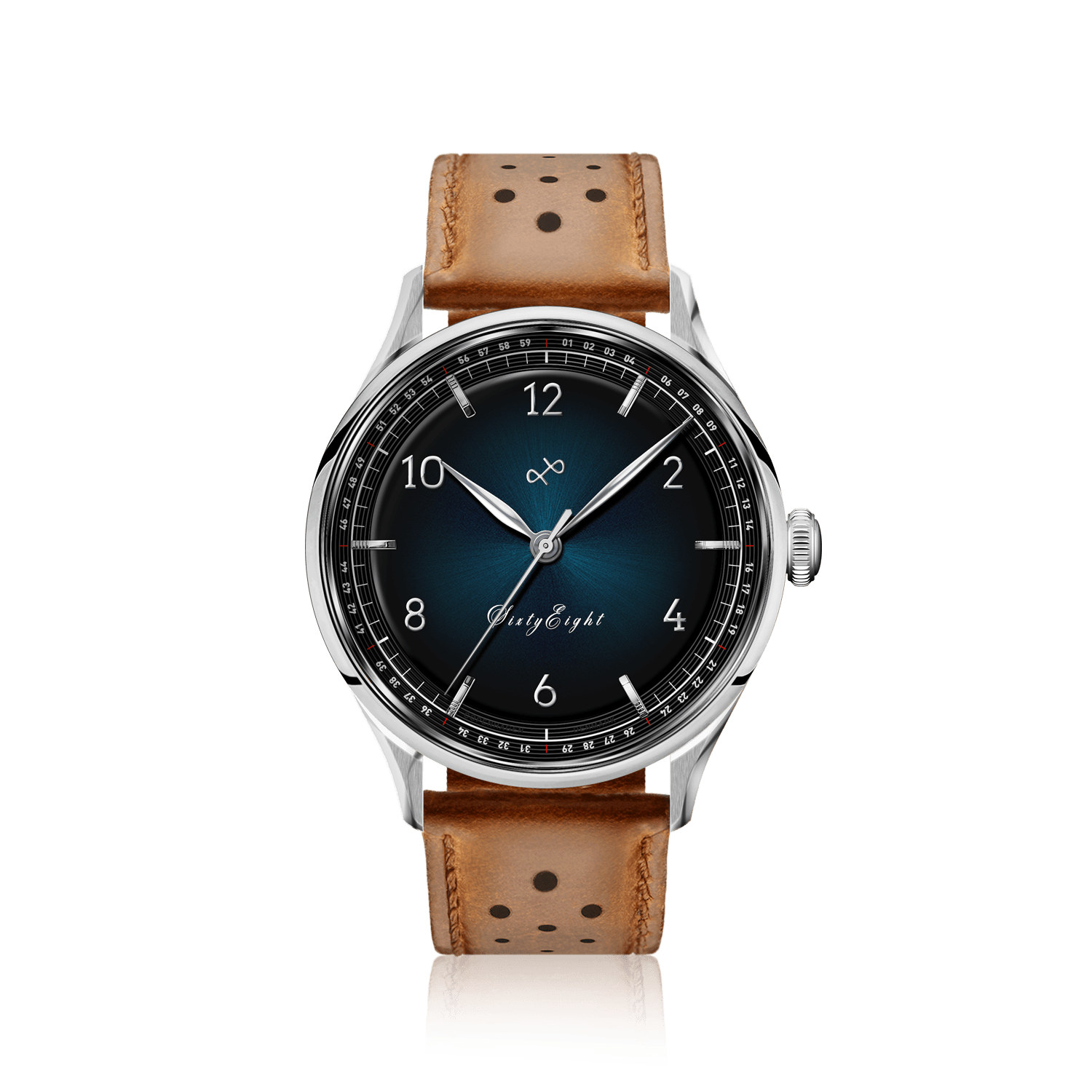 1968 Sixtyeight by AV86 vintage-inspired dress watch with sapphire crystal, blue sunray dial, and perforated brown leather strap