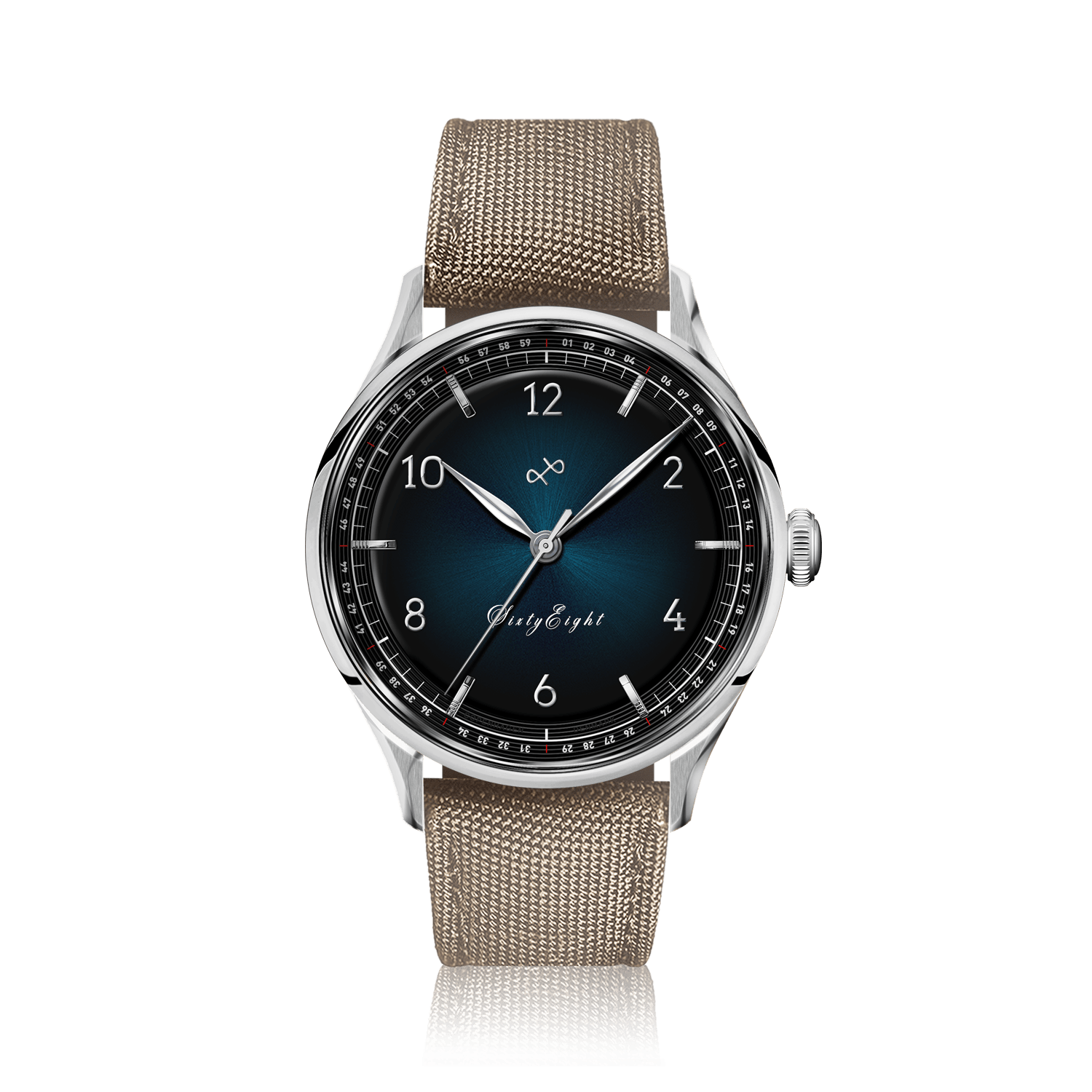 1968 Sixtyeight by AV86 vintage-inspired dress watch with sapphire crystal, blue sunray dial, and woven fabric strap