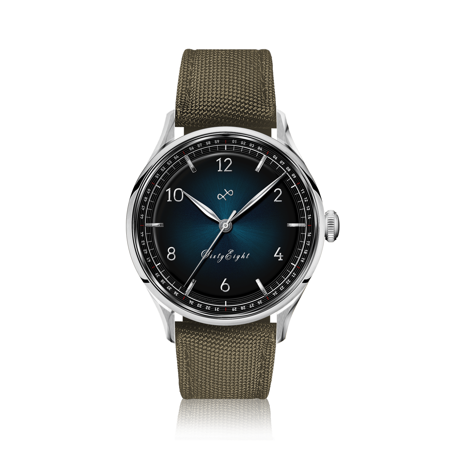 1968 Sixtyeight by AV86 vintage-inspired dress watch with sapphire crystal, blue sunray dial, and textured fabric strap