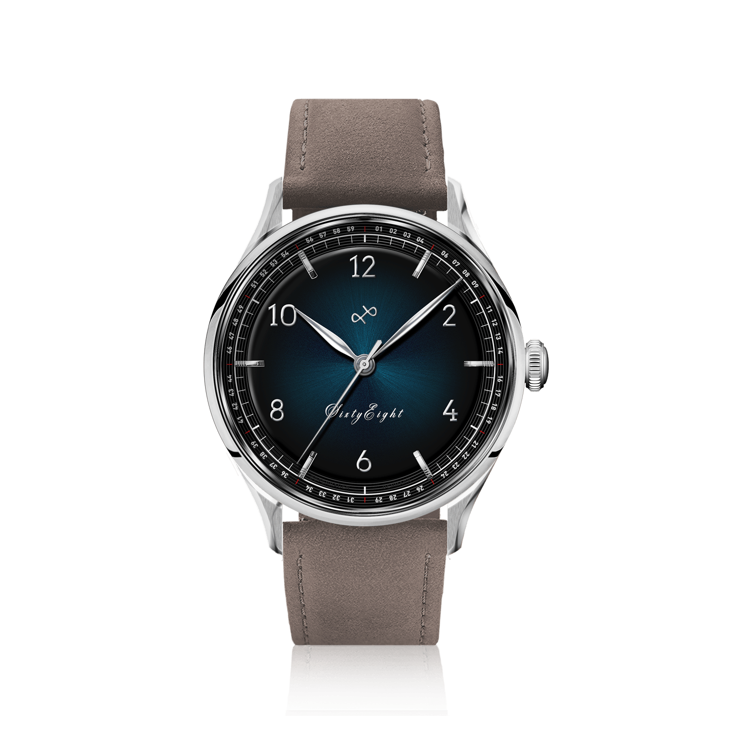 1968 Sixtyeight by AV86 vintage-inspired dress watch with sapphire crystal, blue sunray dial, and taupe leather strap