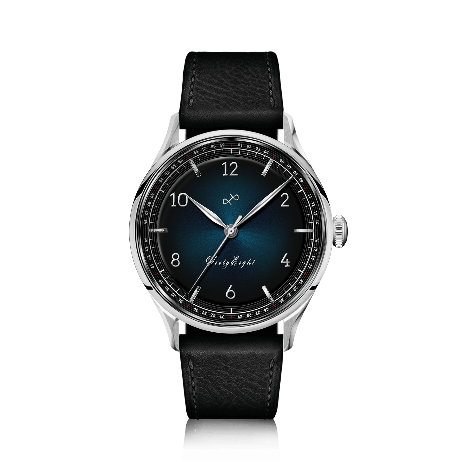 1968 Sixtyeight by AV86 vintage-inspired dress watch with sapphire crystal, blue sunray dial, and black leather strap