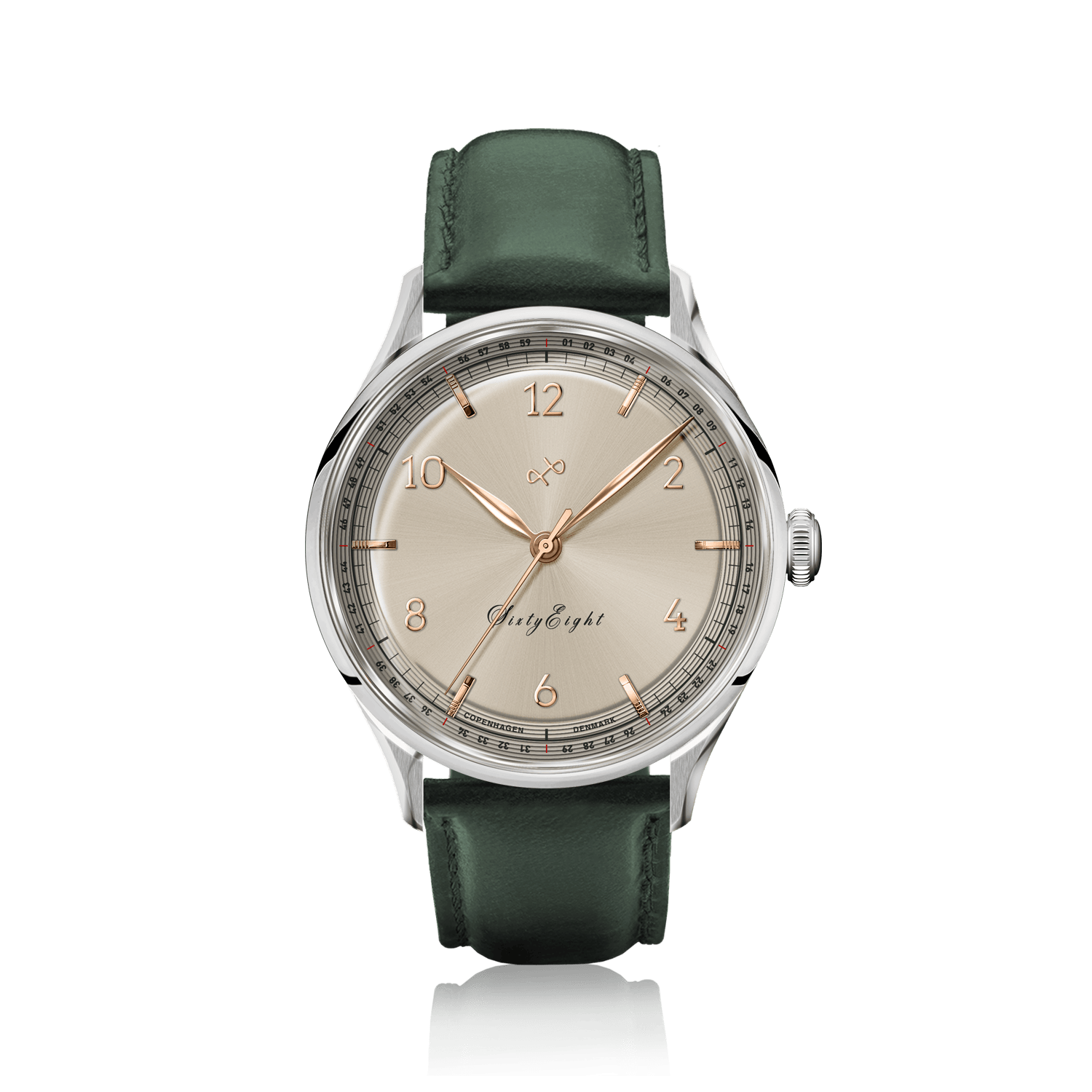 1968 Sixtyeight by AV86 vintage-inspired dress watch with sapphire crystal, polished case, champagne dial, and green leather strap